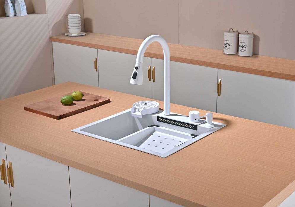 Бяла мултифункционална кухненска мивка 50см