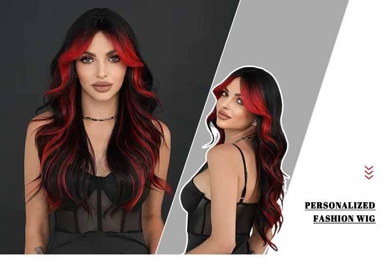 Ефектна черна перука с червени кичури с дълъг бретон