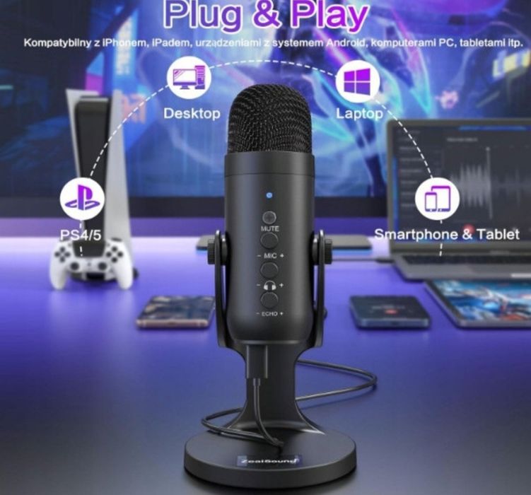 Микрофон ZealSound K66 USB – кондензаторен микрофон за запис, стрийминг и игри