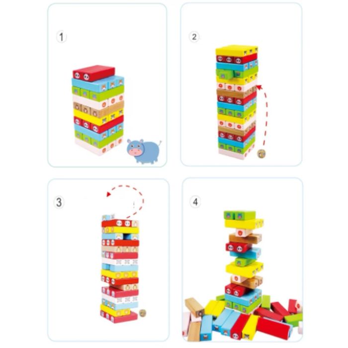 Игра Нестабилна кула Jenga, Монтесори, дървена, с Животни, 51 части