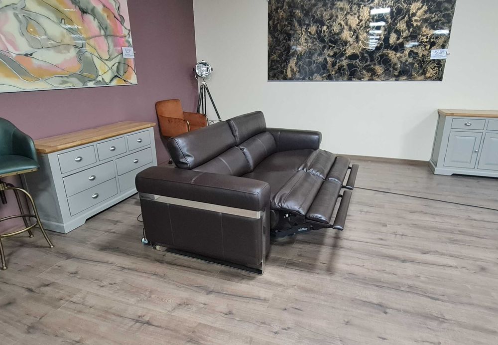 Тъмно кафяв кожен диван тройка "Moreno" с ел. релакс механизъм