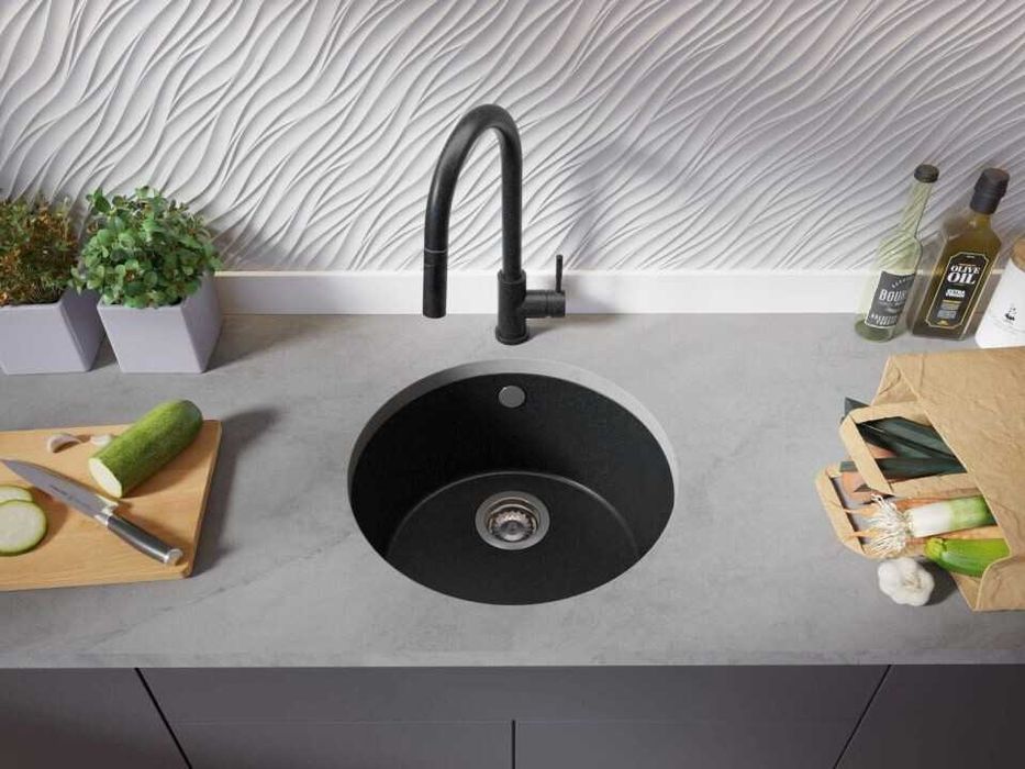 Графит кръгла кухненска мивка за вграждане под плот Валета 50 460x460