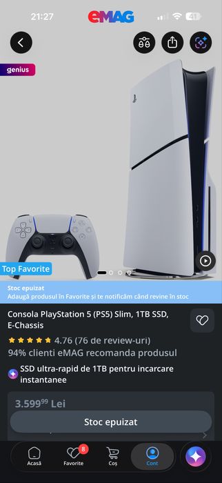 Consolă Sony PlayStation 5 (PS5) Slim Disc Edition 1TB (Model CFI-2116) – GARANTIE EMAG SEP 2028