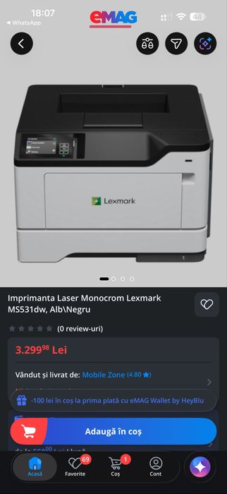 Imprimanta Lexmark MS531dw Laser Monocrom Format A4 Duplex Retea Wi-Fi