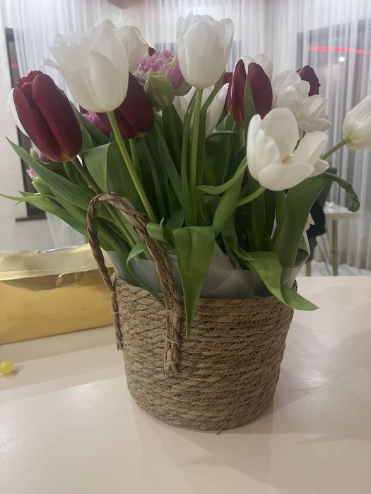 Тюльпаны с луковицами в карзине