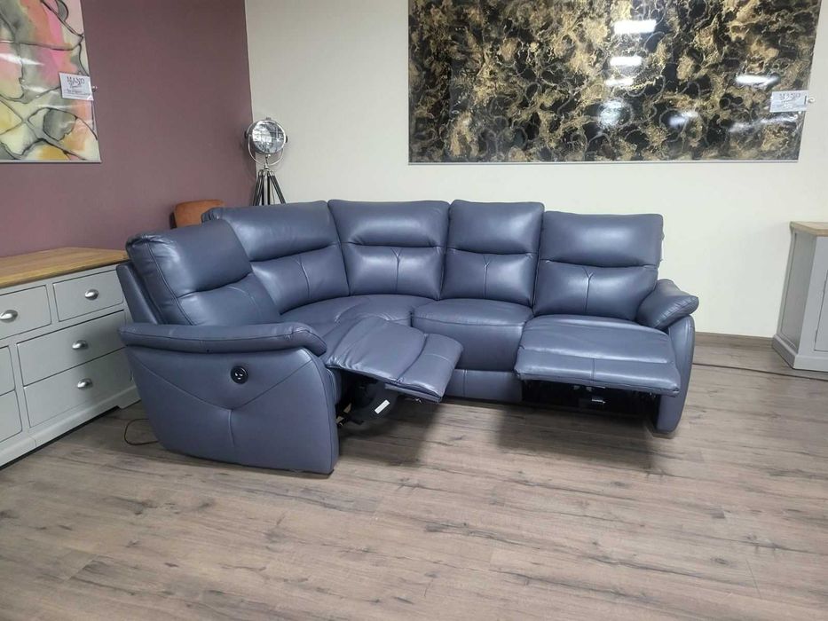 ПРОМОЦИЯ!!! Син кожен ъглов диван "Albion" с ел. релакс механизъм