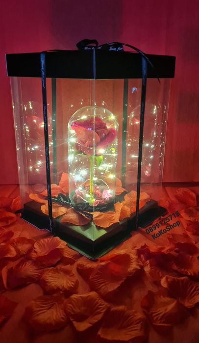 Вечна роза в стъкленица с LED светлини/Роза в луксозна кутия