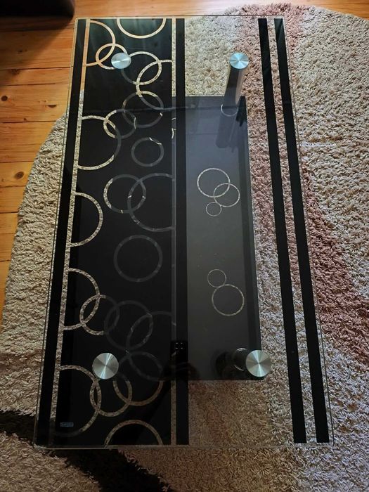 Masă din sticlă securizată, pentru living, cu model abstract