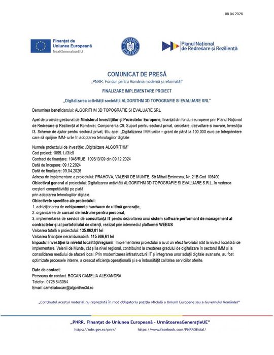 Publicitate Comunicat de presa finalizare implementare proiect: "DIGITALIZARE ALGORITHM"