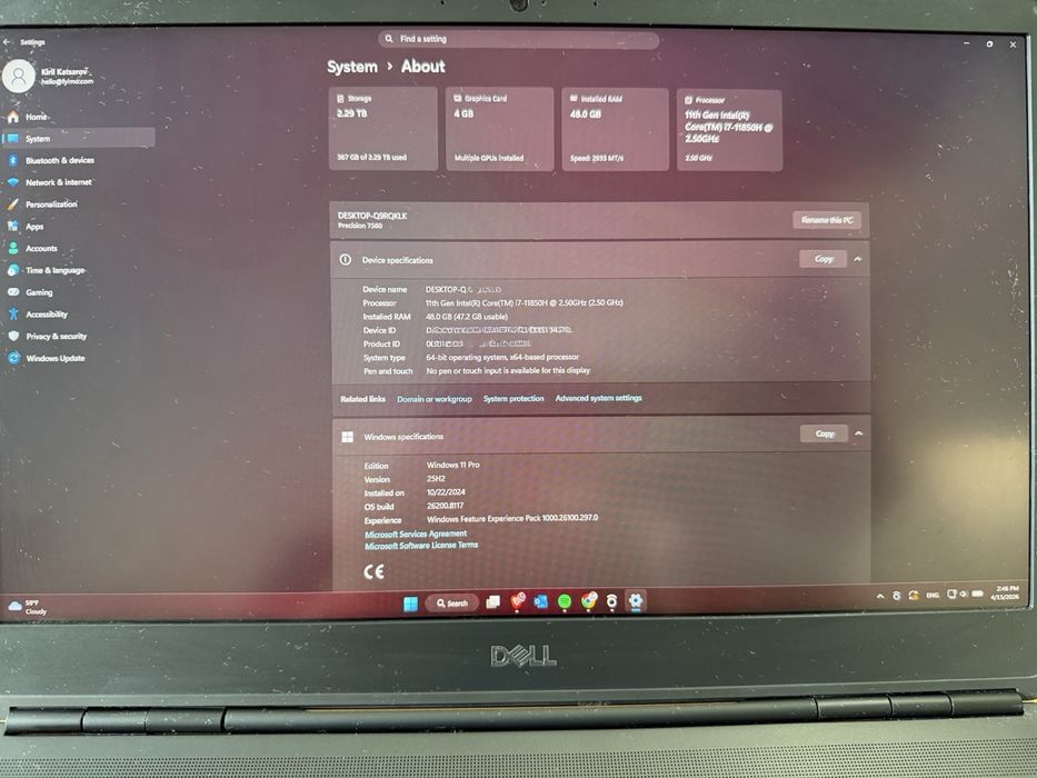 Лаптоп Dell Precision 7560 i7-11850H 48GB RAM RTX A2000 Workstation