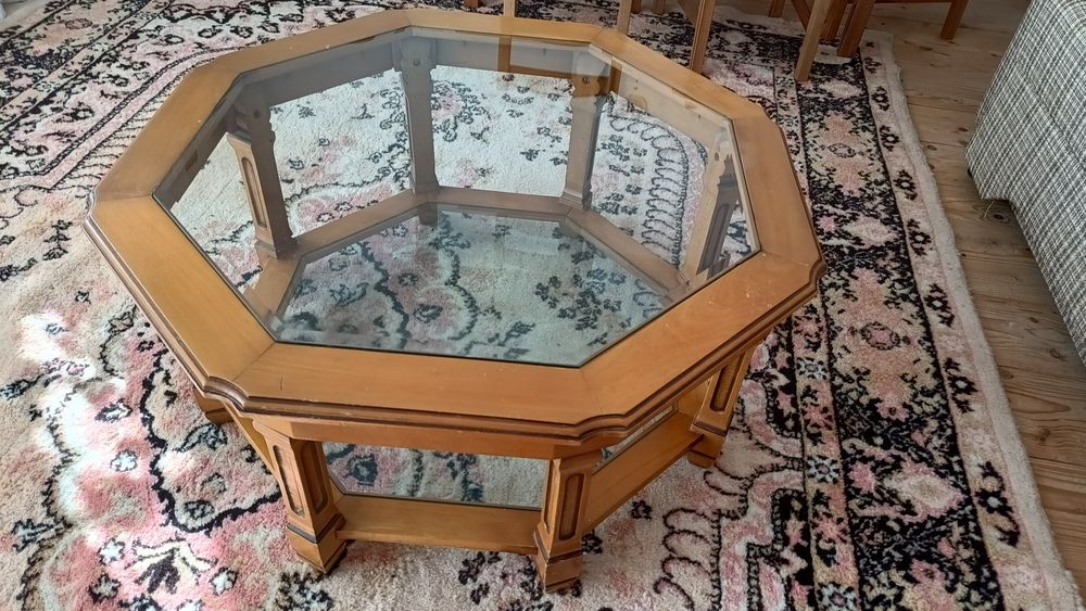 Măsuță cafea octogonala lemn masiv, cristal