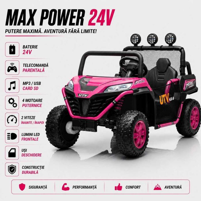 Masinuta electrica pentru copii Nichiduta UTV Rose Red 4x4 cu telecomanda,acumulator 24V,lumini led,bara cu proiectoare