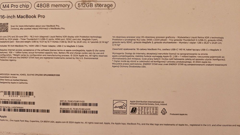 Apple MacBook Pro 16", Apple M4 Pro, 14 CPU и 20 GPU, 48GB RAM, 512GB