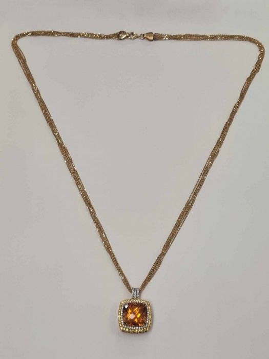 Colier, lant si pandantiv aur galben 18k, cu citrin natural, safire
