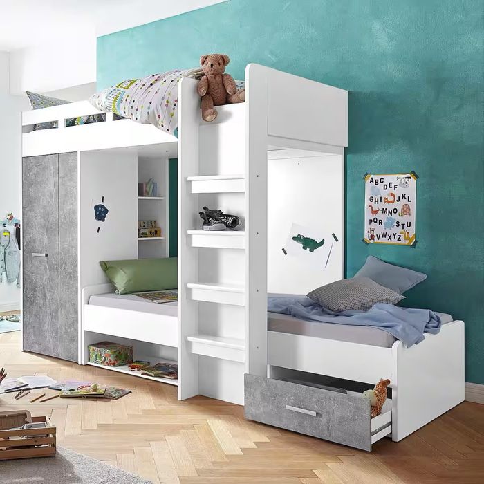 Pat supraetajat cu dulap inclus , Alb-Gri