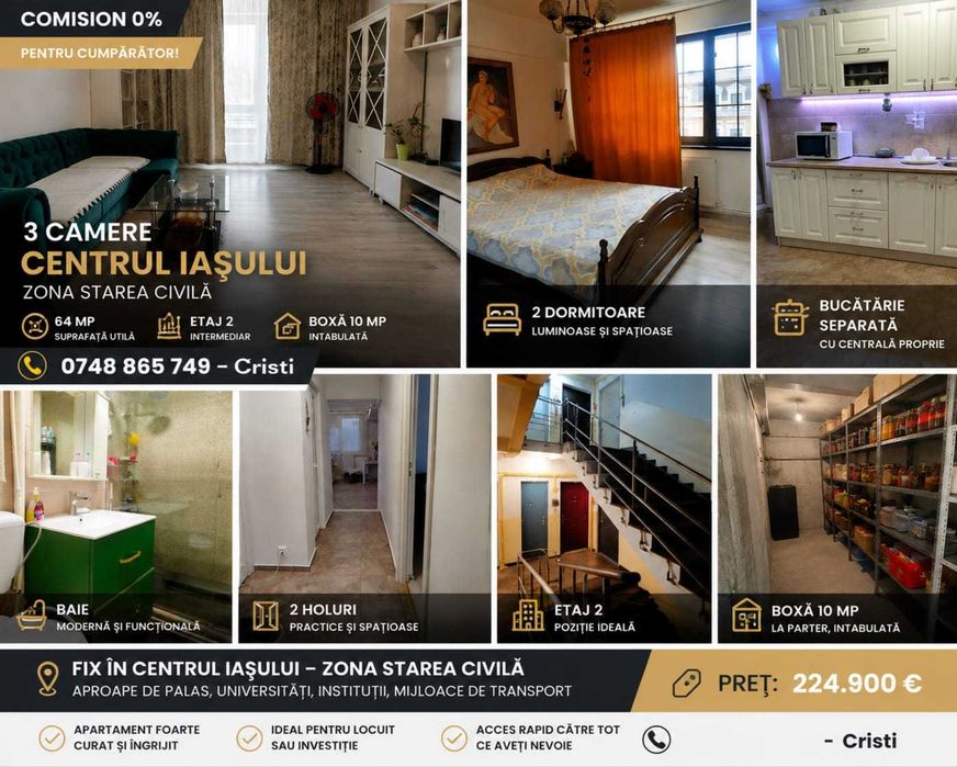 IASI_ULTRACENTRAL_Piata Unirii_AP 3 CAMERE et 2/6_64 mp _boxa 10 mp la parter intabulata 0 %COMISION