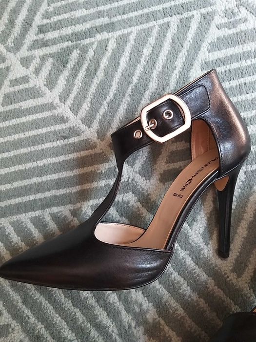 Pantofi piele negri, 39, toc stiletto, cu bareta