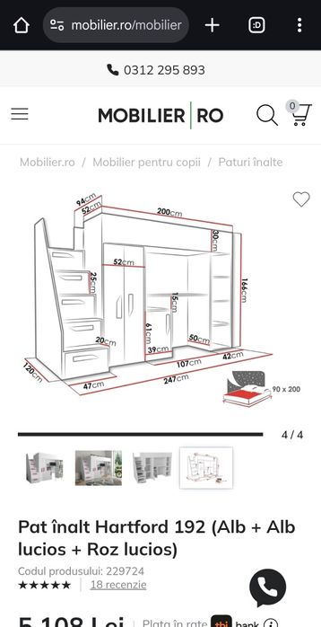 Pat inalt cu birou, mobilier fete