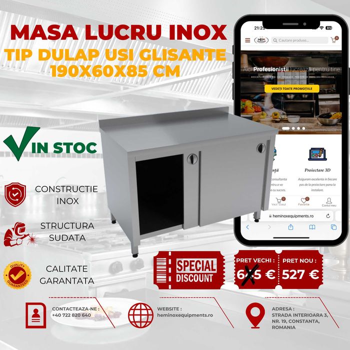 Masa De Lucru Inox Usi Glisante tip dulap Diferite Dimensiuni in stoc