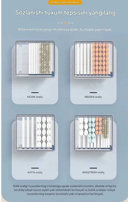 Inkubator 9/12/24/36/64/100/128/200, avtomat 12V va 220V dan ishlaydi