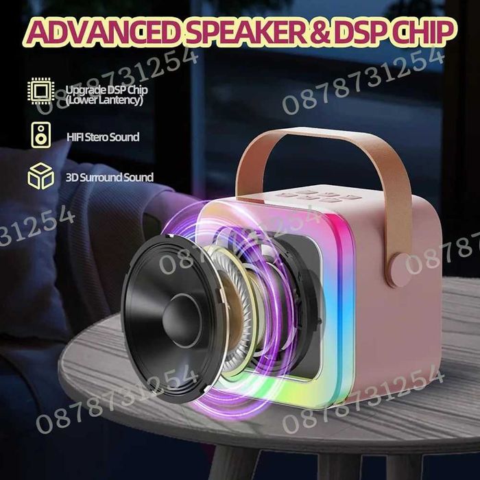 Детска Преносима Блутуут Караоке Тонколона с Два Безжични Микрофона