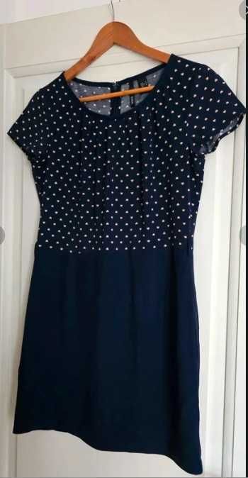 Women’s Mango Blue & Tan Heart Print Zippered Casual Midi Dres