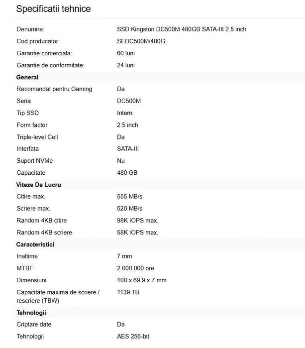 SSD Kingston Enterprise DC500M 480GB SATA-III 2.5 inch sigilat