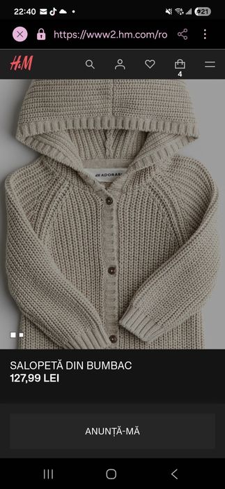 Salopeta bebe din bumbac H&M 0-1 M