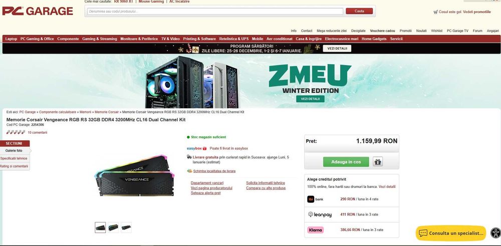 Memorie CORSAIR Vengeance RGB, 32GB (2x16GB) DDR4, 3200MHz ~ RGB