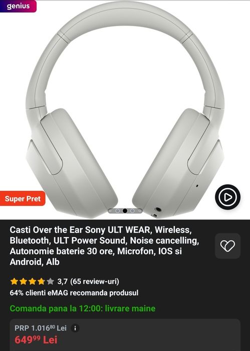 Casti Over the Ear Sony ULT WEAR, Wireless, Bluetooth, ULT Power Sound