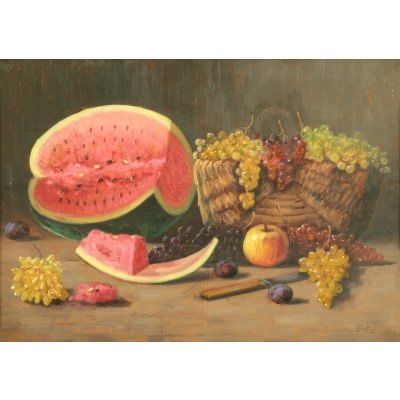 Pictură de colecție: Cornel Rațiu – „Natură statică cu pepene și struguri”