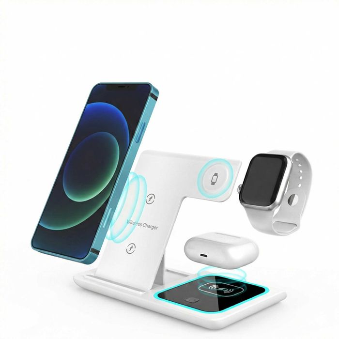 Statie Incarcare Wireless 3-in-1 Pliabila 15W Qi Nou Alb