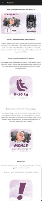 Scaun auto Wunderkid SAW30, 0-36 kg, Negru / Gri