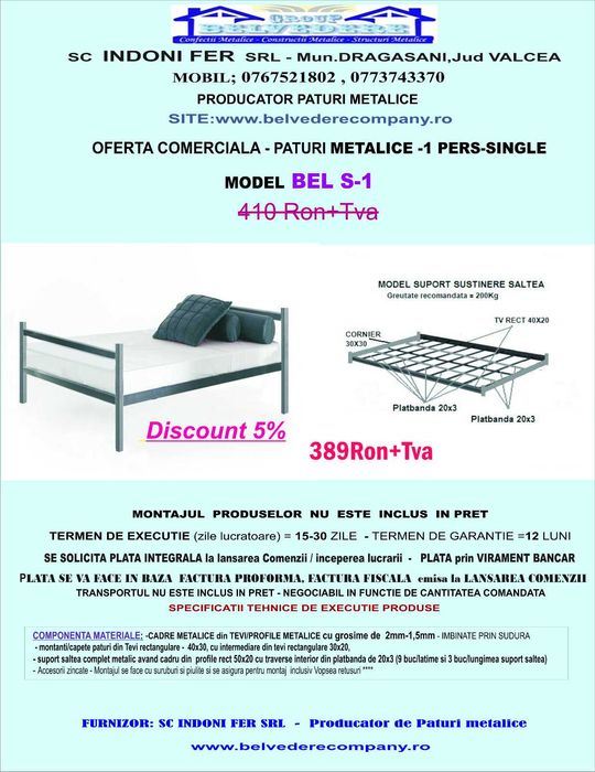 Pat metalic single-1 pers.-rezistent și durabil - La preț promoțional!