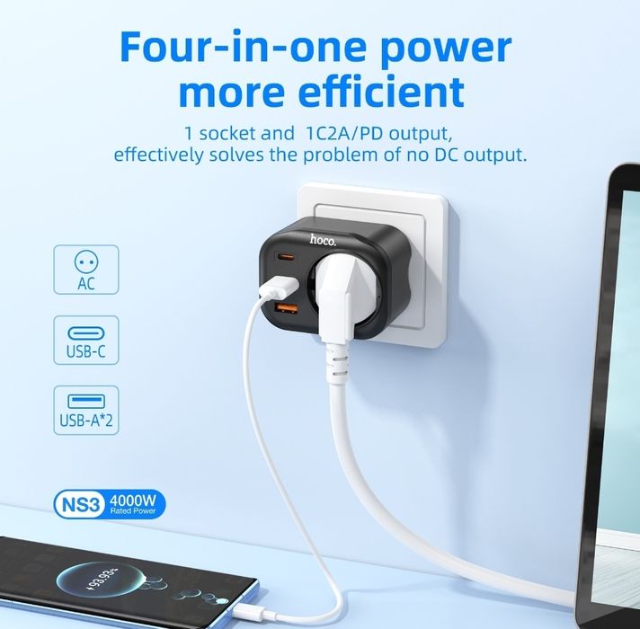 Hoco NS3 Сетевой фильтр EU мощности 4000W/ PD20W QC3.0+18W
