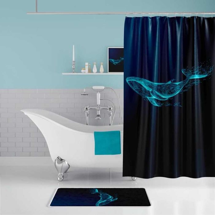 Set 3D perdea dus cu inele 180x200cm Tropik Home, Phantom si Bara pentru perdea dus, extensibila 210-260 cm, Otel inoxidabil, Negru