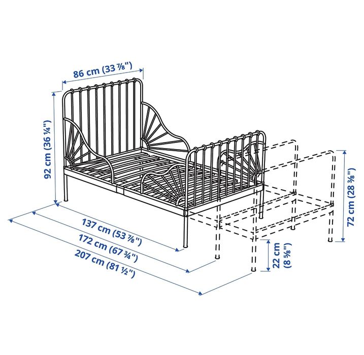 Cadru pat metalic extensibil Ikea + somiera + saltea+ perna ergonomica
