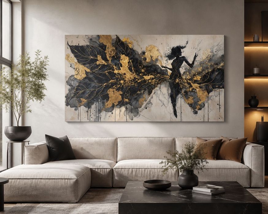 Tablou canvas Dansul, siluetă dansatoare negru și auriu, 80×45 - 140×78 cm
