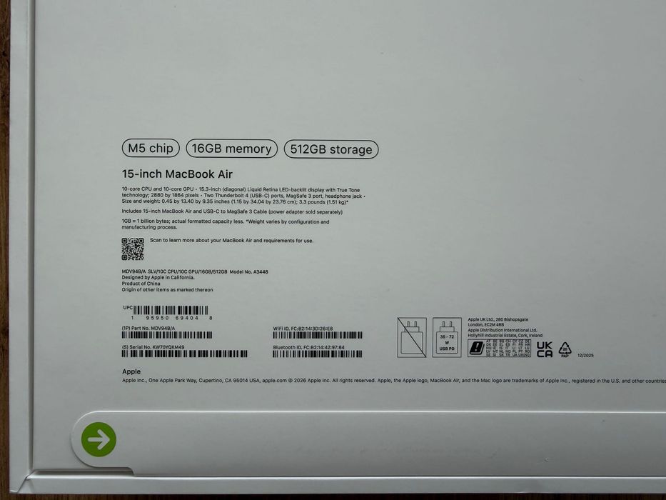 ЧИСТО НОВ MacBook Air 15" M5 Chip 10-CPU, 10-GPU, 16GB RAM, 512GB SSD