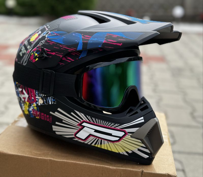 Set Cască Moto Cross/ATV M + Ochelari + Mănuși + Cagulă, Nou, Negru-Galben Mat