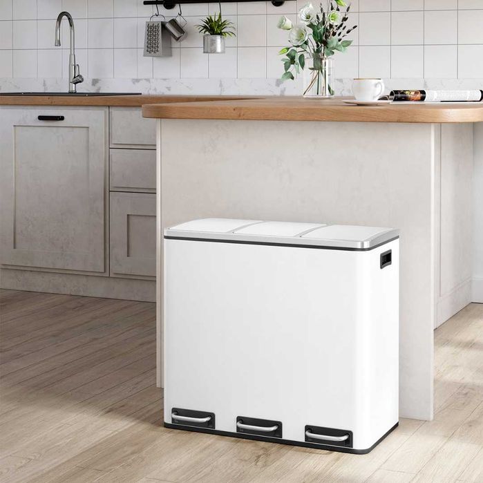 Cos de gunoi pentru reciclare SONGMICS, 3 compartimente, 3×18 L, alb