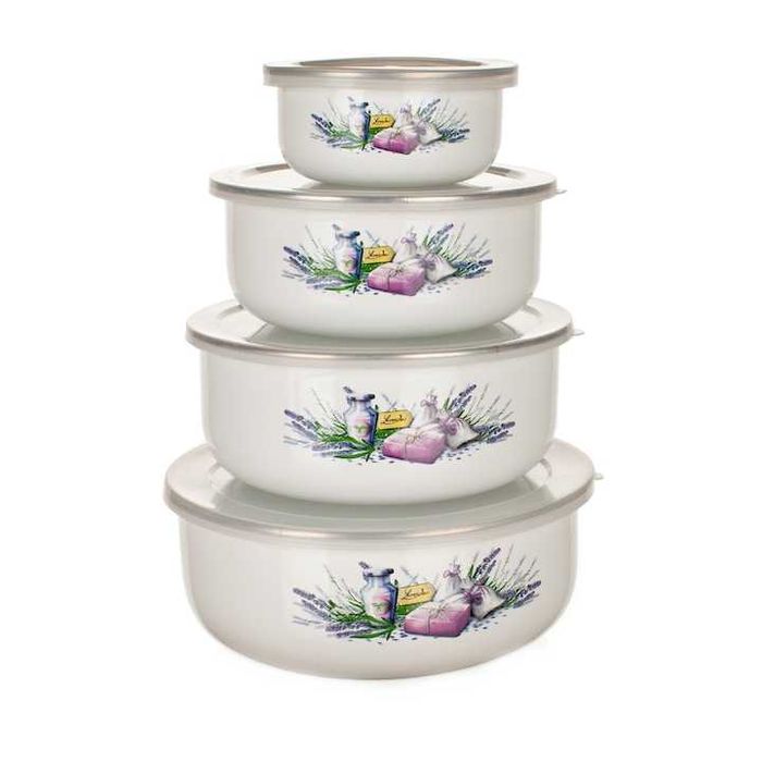 Oale emailate la set :8 piese(4 oale + 4 capace)600ml,900ml,1300ml,noi