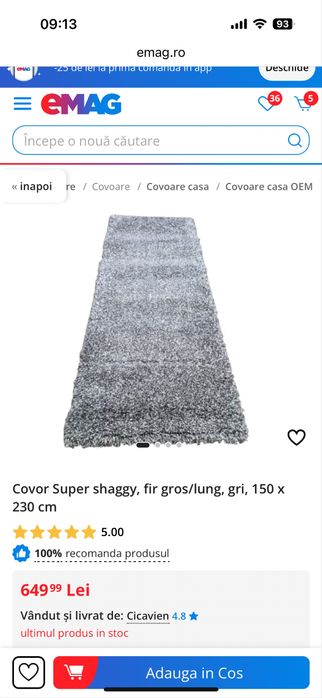 Covor shaggy cu fir gros/ lung gri 150/230 cm