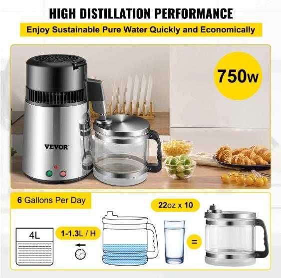 VEVOR™ 4л ИНОКС Дестилатор за Вода Дестилация на Вода Дестилирана Вода