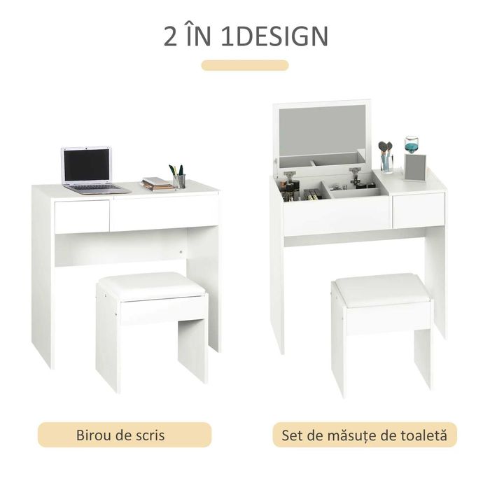 Masa Machiaj cu Taburet , Alb , HOMCOM , x4 buc disponibile