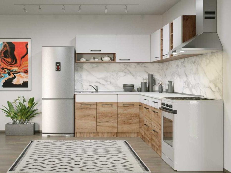Set Mobila Bucatarie Colt Gastro 180*220 Alb/Stejar – C40