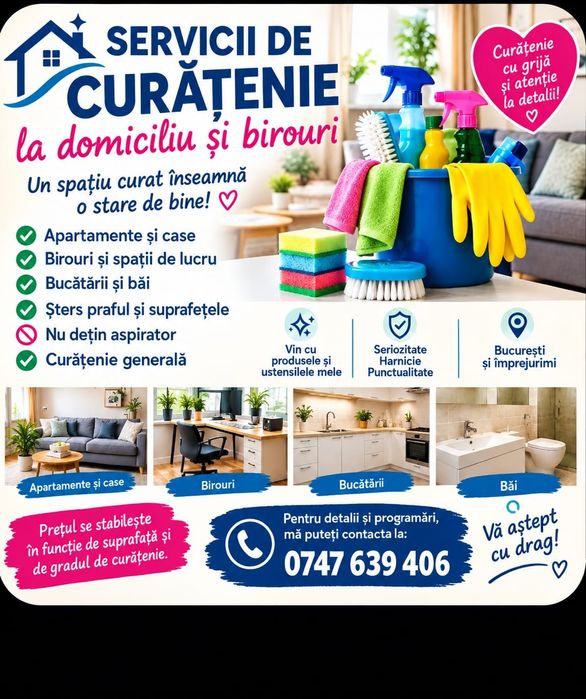 Servicii de curățenie la domiciliu și birouri