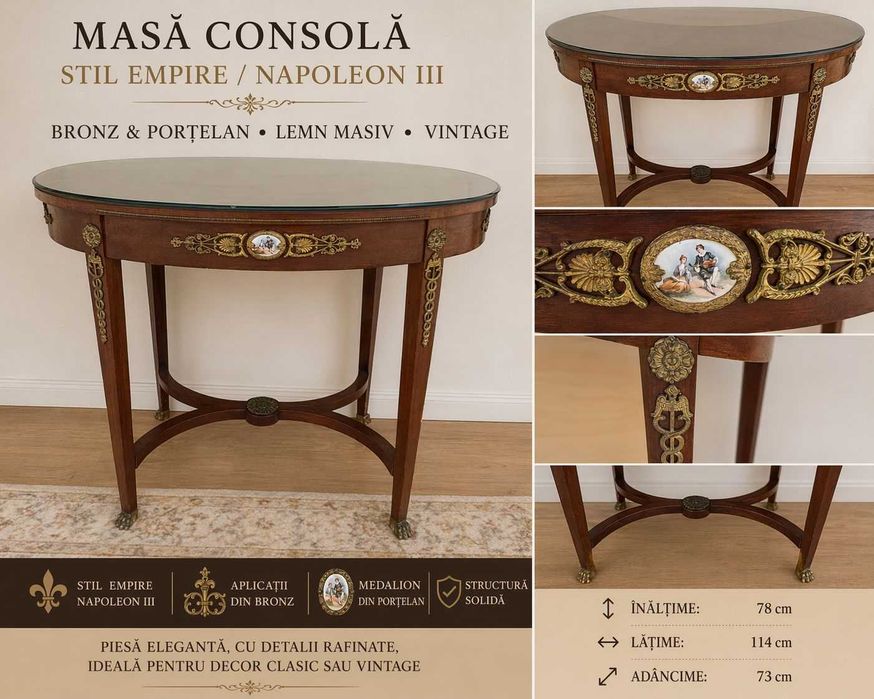 Masă consolă stil Empire / Napoleon III, bronz și porțelan, lemn masiv