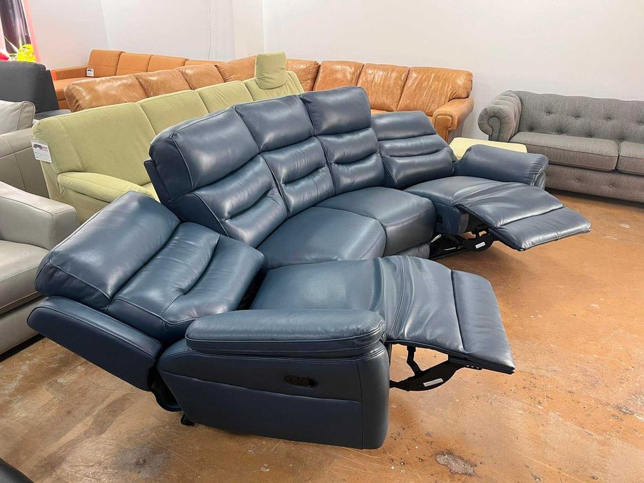 Син кожен извит диван четворка с ръчен релаксиращ механизъм