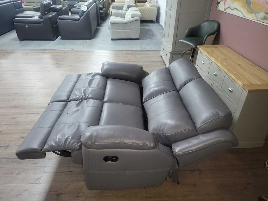 Сиво-лилав кожен диван двойка с ръчен релаксиращ механизъм